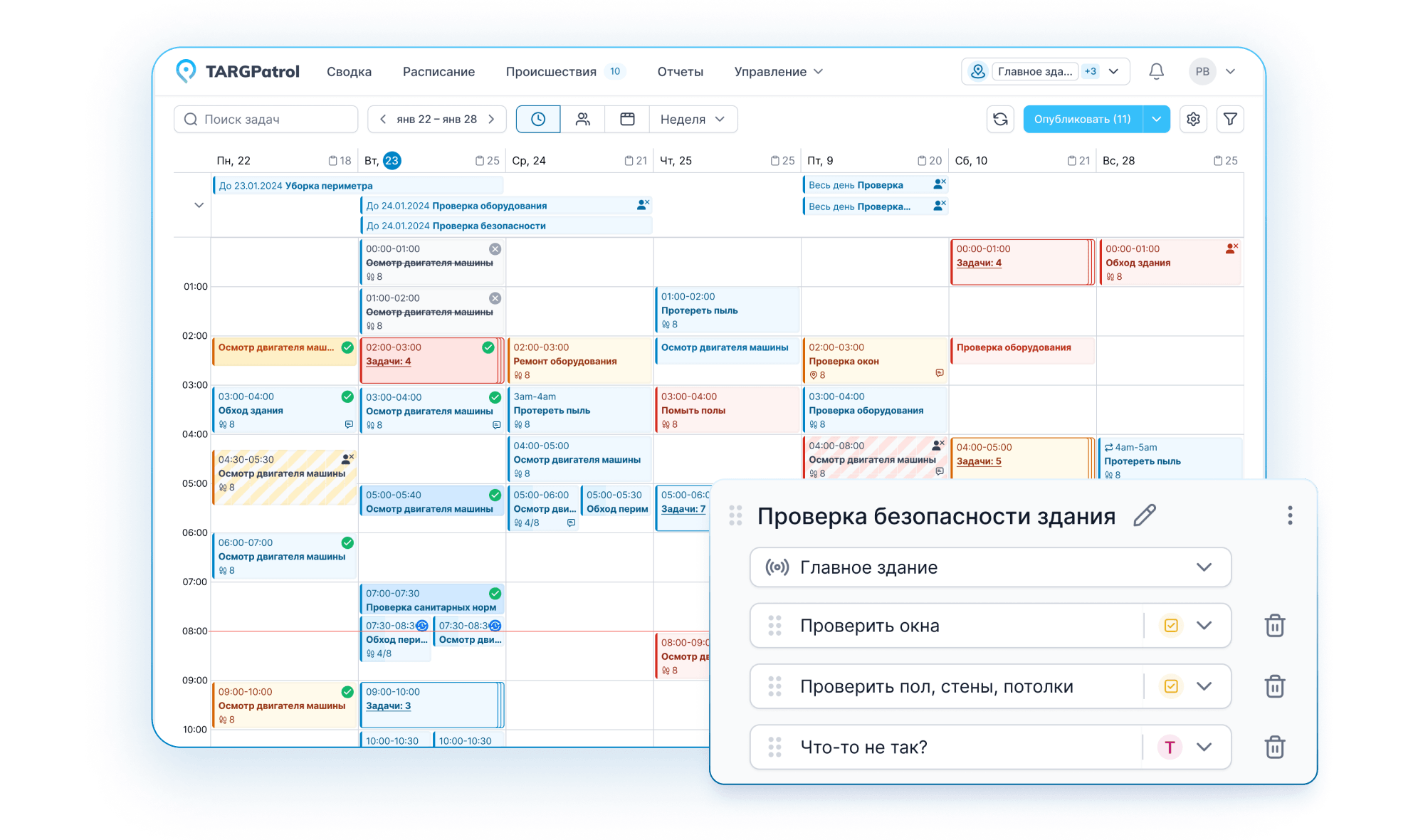 Dashboard of TARGControl web application designed for organizing and monitoring patrol tours